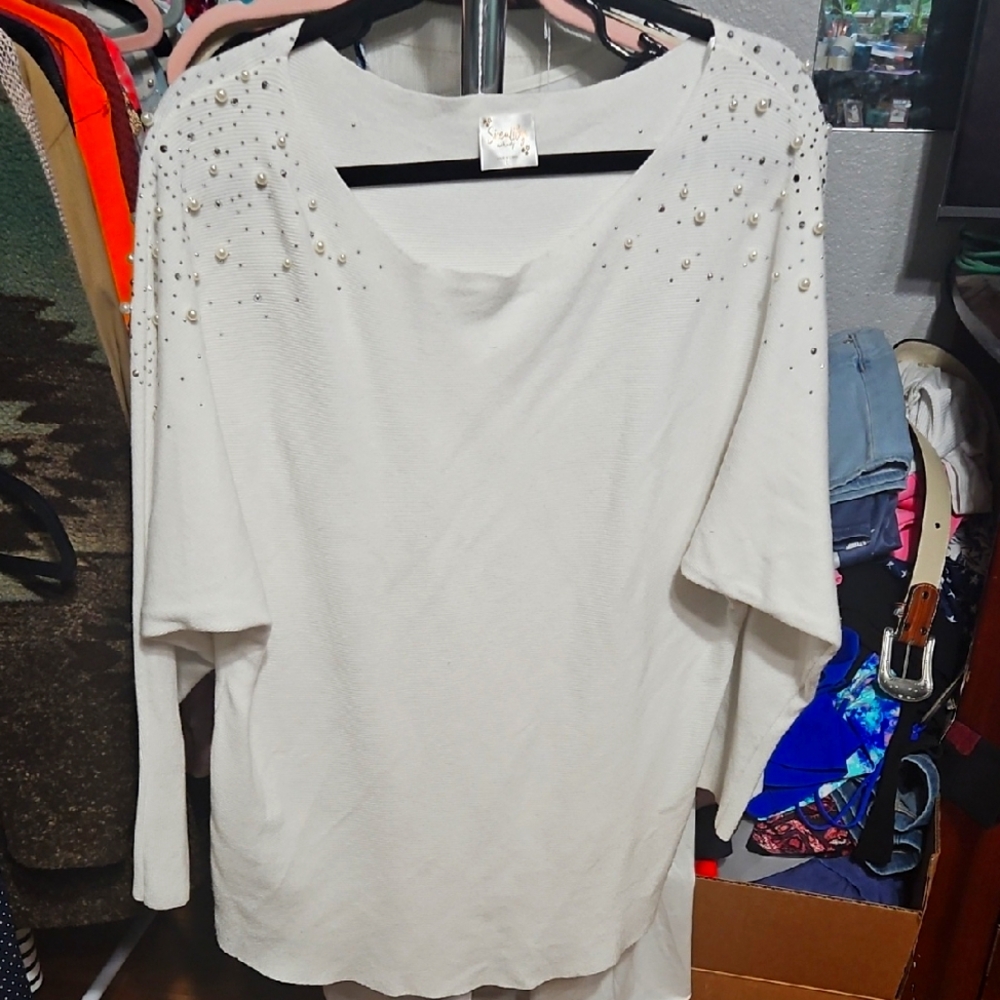 Siren Lily White Long Sleeve Embellished Blouse